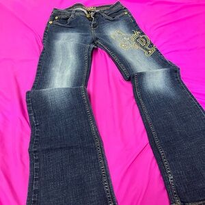 South Pole Dark Blue Flare Jeans with Gold Embroidery